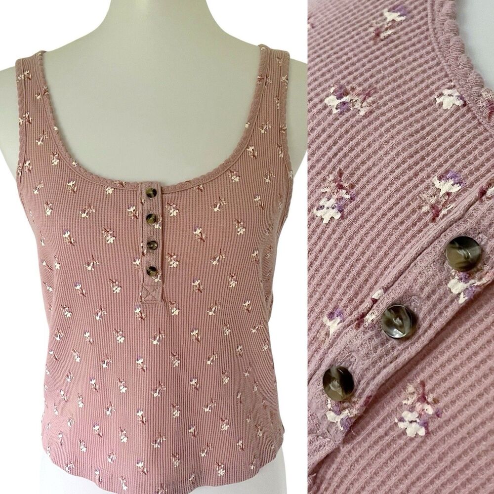 Lucky Brand Waffle Boy Henley Tank Top Tee Shirt Medium Pink Floral M Cropped